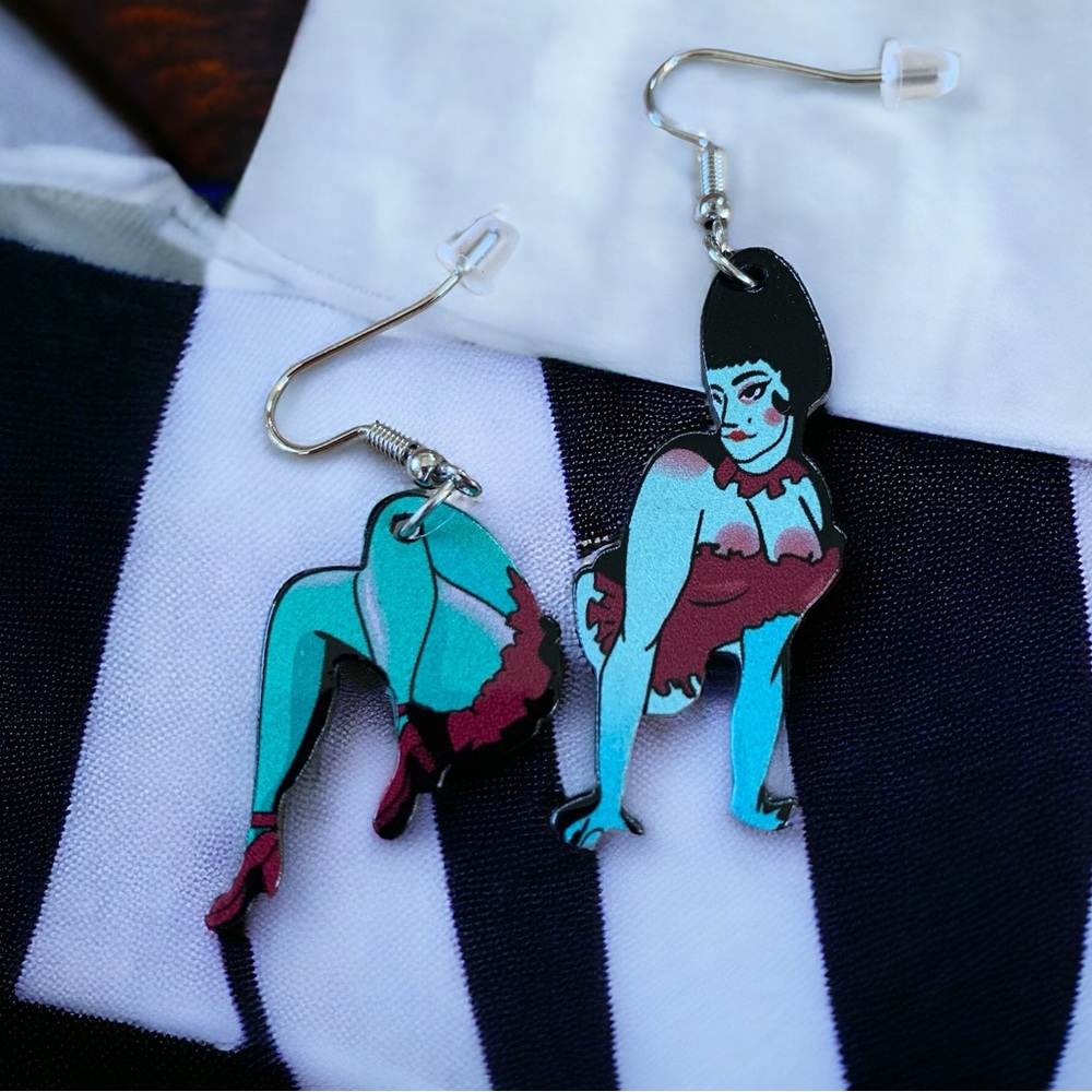Beetle juice Acrylic Magician's Assistant Blue Half Lady Fishhook Earrings